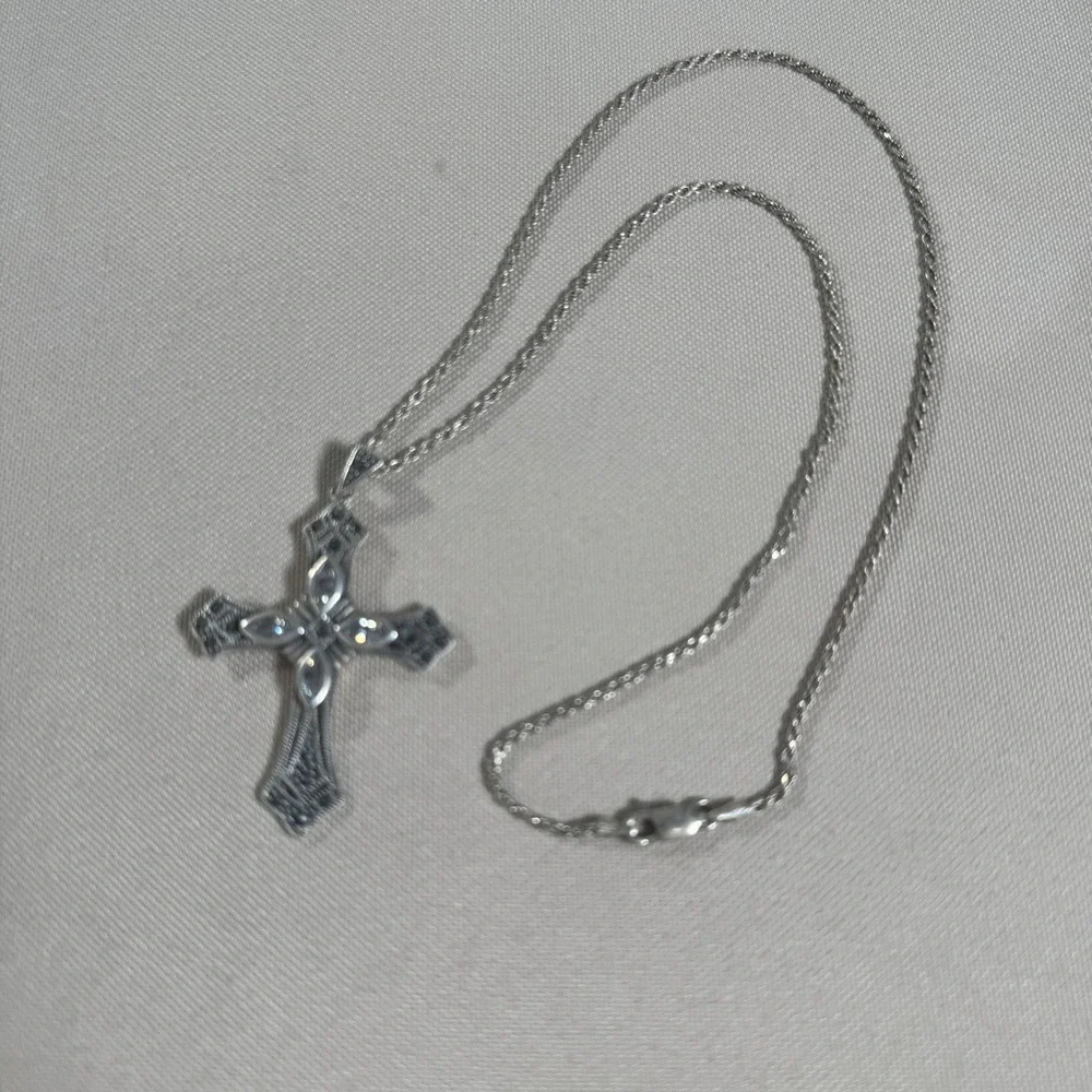 Sterling Silver Cross Necklace Marcasite Clear Crystal 18 in Italian Chain *FLAW